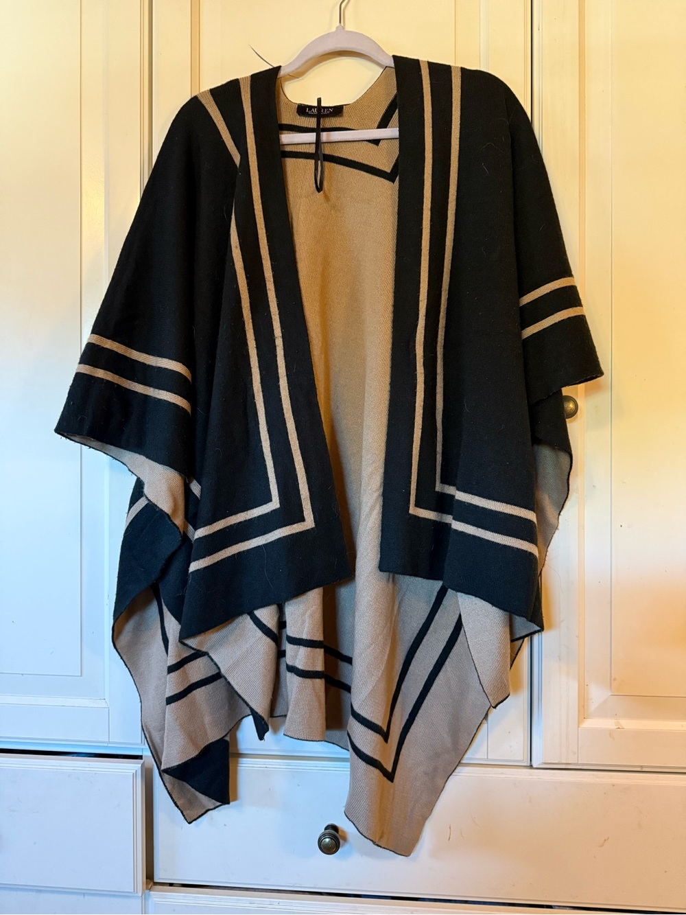 Lauren Ralph Lauren Black and Tan Reversible Geometric Poncho